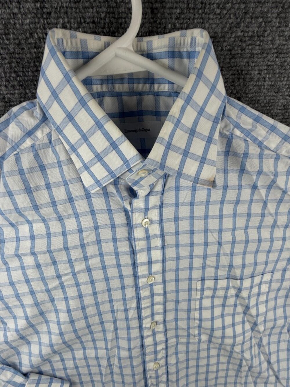Ermenegildo Zegna Button Up Long Sleeve Blue Check Size 16 Portofino Comfort